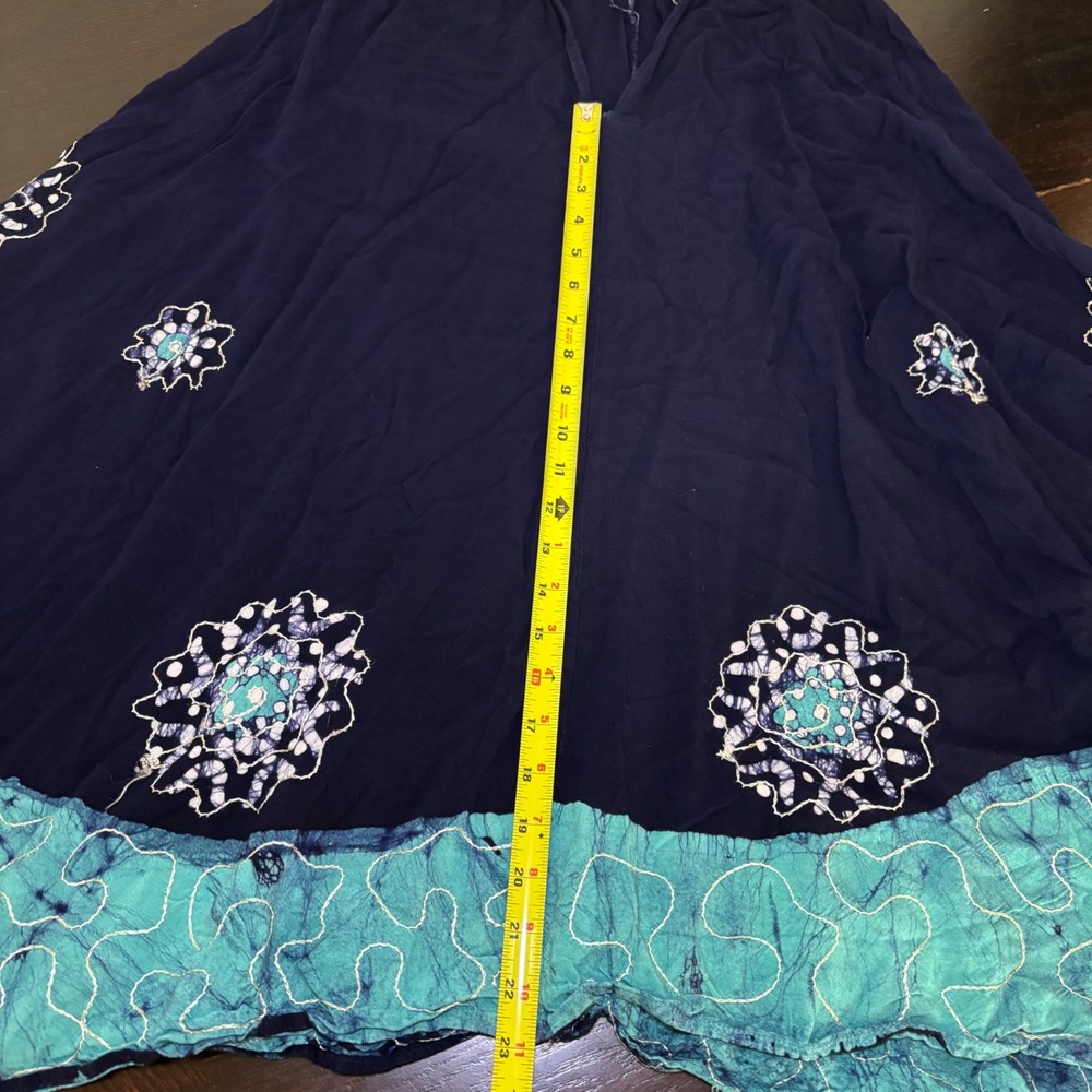 Batik Halter Maxi Dress Navy Turquoise Boho Embroidered Rayon Open Back One size - Picture 10 of 10